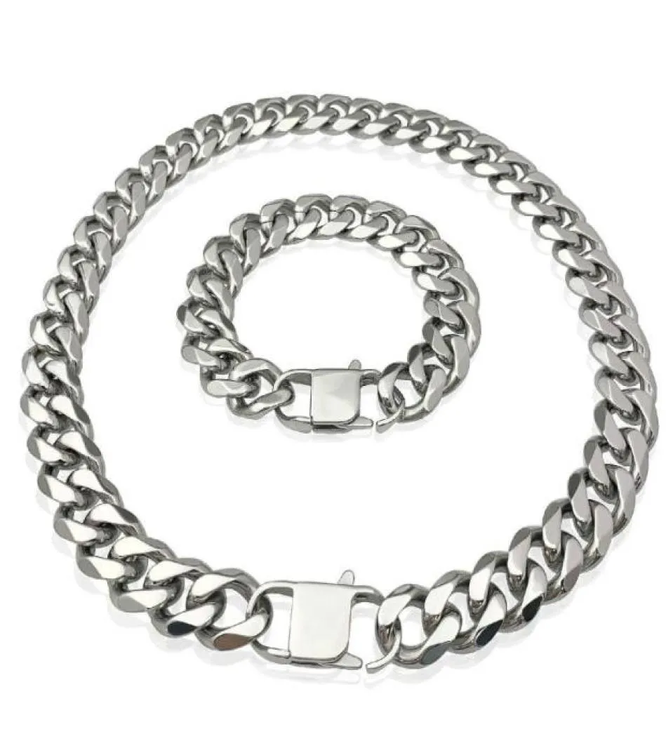 Kettingen 15 mm Cubaanse link kettingen Polijsten roestvrijstalen ketting armbanden ingesteld voor mannen Women Hoge kwaliteit juweliers 3717402