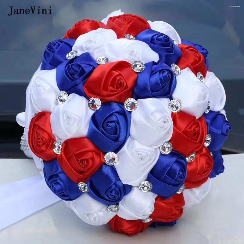 Wedding Flowers JaneVini 2024 Sparkly Diamond Royal Blue White Bridal Bouquets Artificial Satin Roses European Bouquet For Bride