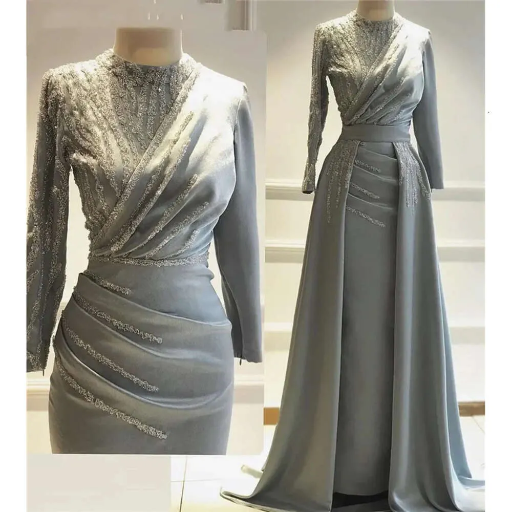 Mulim Evening Long Formal Elegant Dree Sleeve Pleat Pearl Beaded A Line Prom Party Gown Detachable Train Modet 2023 Arabic Ilamic Moroccan Kaftan rabic