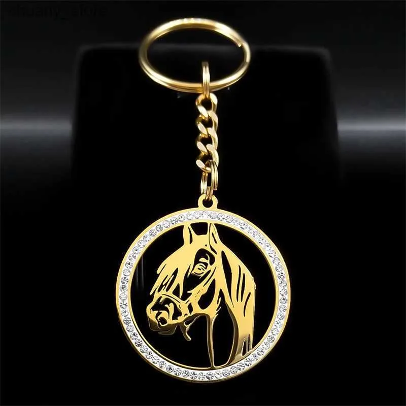 Keychains Lanyards Aesthetic Horse Pendant Keychain Rhinsetone rostfritt stål Animalhandväska Key Holder Accessory Souvenir Present smycken K42S01 Y240417
