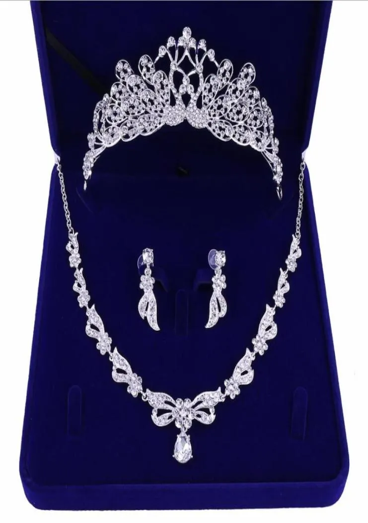 Romantic Beaded Crystal Three Pieces Bridal Jewelry sets Bride Necklace Earring Crown Hair Tiaras Wedding Party Accessories Cheap3489902