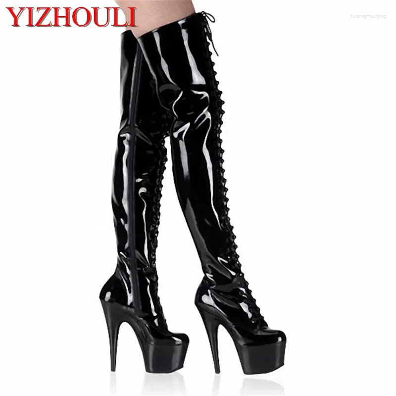 Dance Shoes 6 Inch Round Head Stiletto Heels Model Banquet To Thigh High Sexy Boots 15cm Front With Dancing