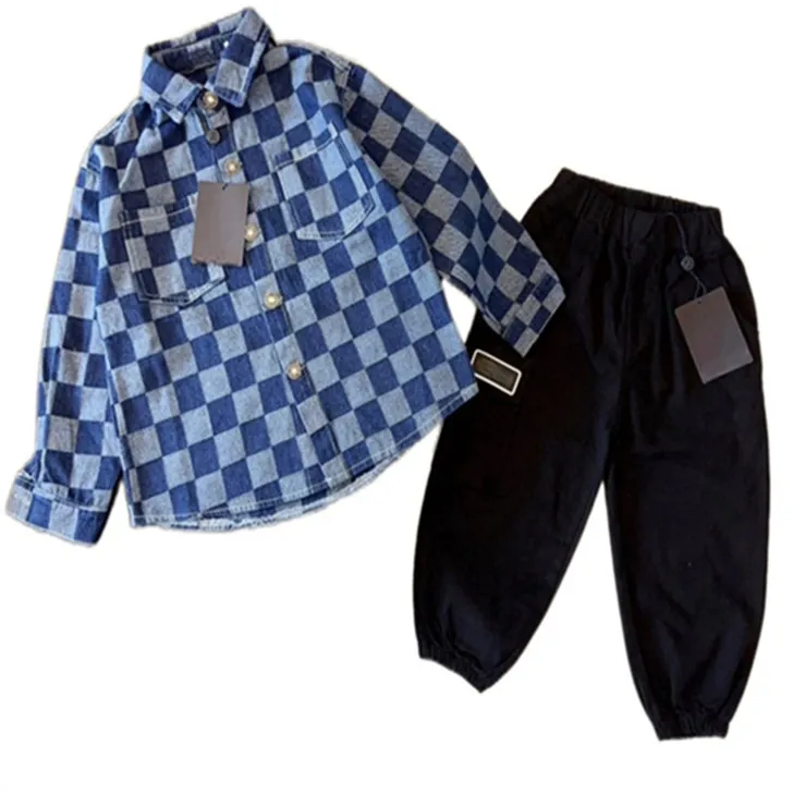 Designer boys long-sleeved pants children's set Handsome plaid children's breasted shirt Fashion trend two-piece set D3