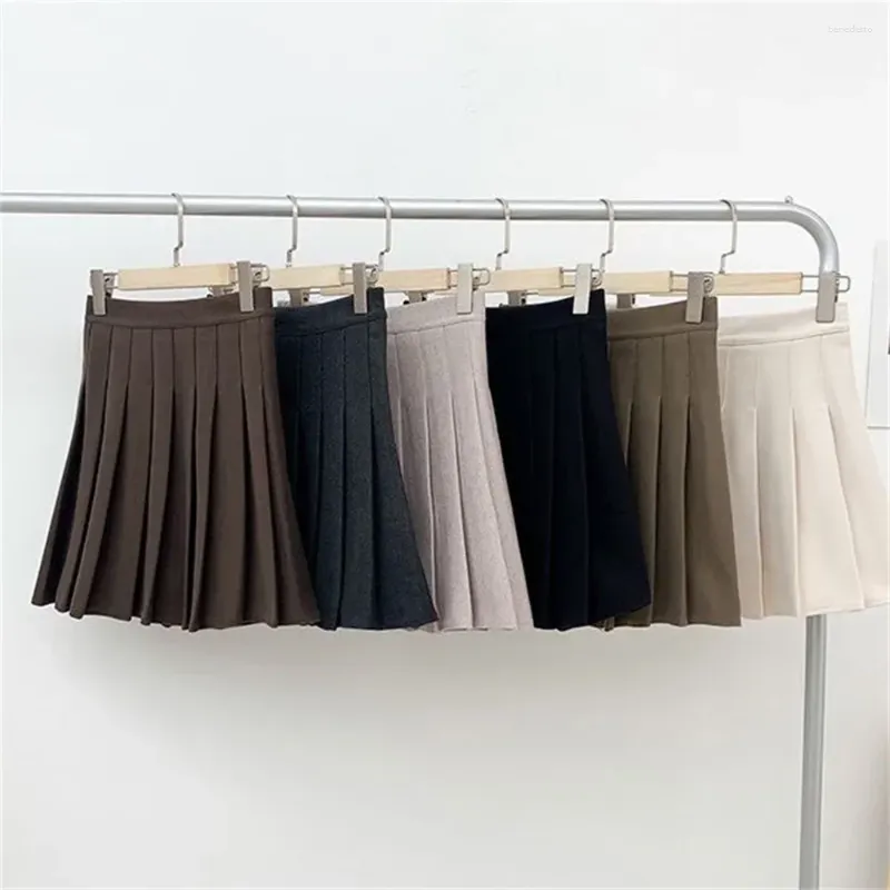 Kjolar skolflicka uniform all-match shorts a-line kjol ull minikvinnor hög midja veckade koreanska modekläder
