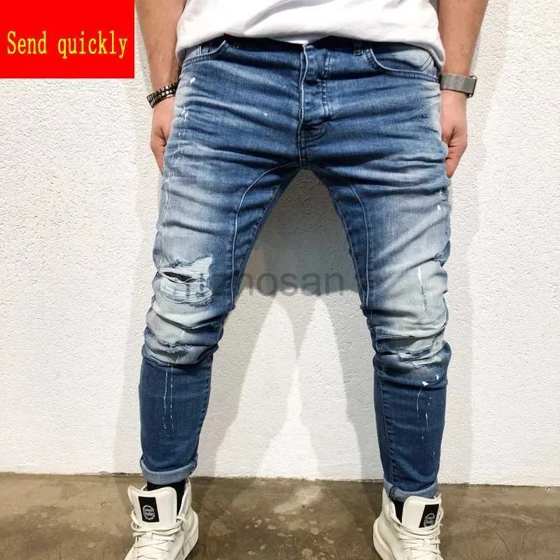 Jeans masculins European Size 2020 Men Hole Jeans de bonne qualité Blue Hip-Hop Slim Men Jean dans les 12 heures Envoyer rapidement le prix minimum D240417