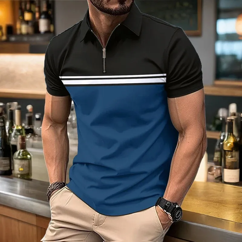 Summer Casual Sports Polo koszula z klapami Slimfit Slimfit Commercial Shortsleeved w paski 240415