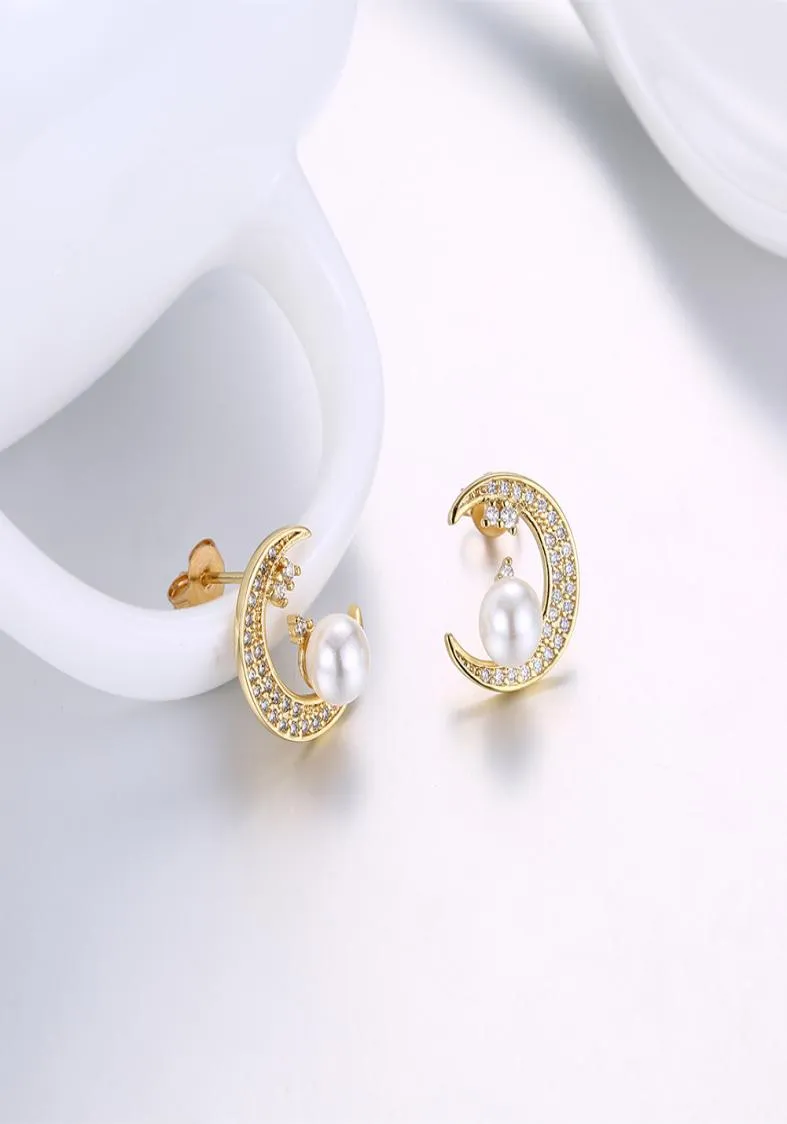 2017 New High Quality Lady Gold Earrings Romantic Moon Pearl Pearlings Ladies Fashion Zircon Party Earrings Jewelry8886705