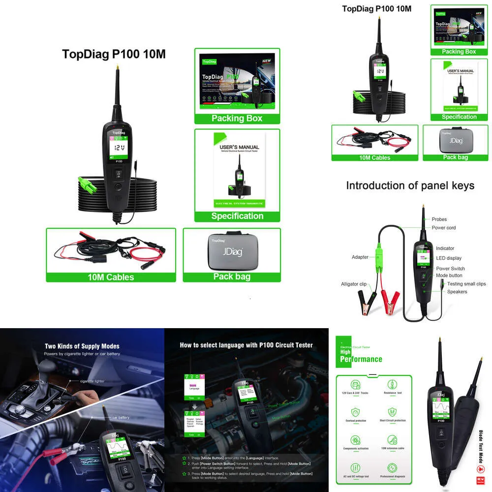 Neue 10-m-Kabel für Auto-Leistungssonden-Kitspannungen/resistente Tester Diagnosewerkzeug 12/24 V Überlast/Kurzschluss