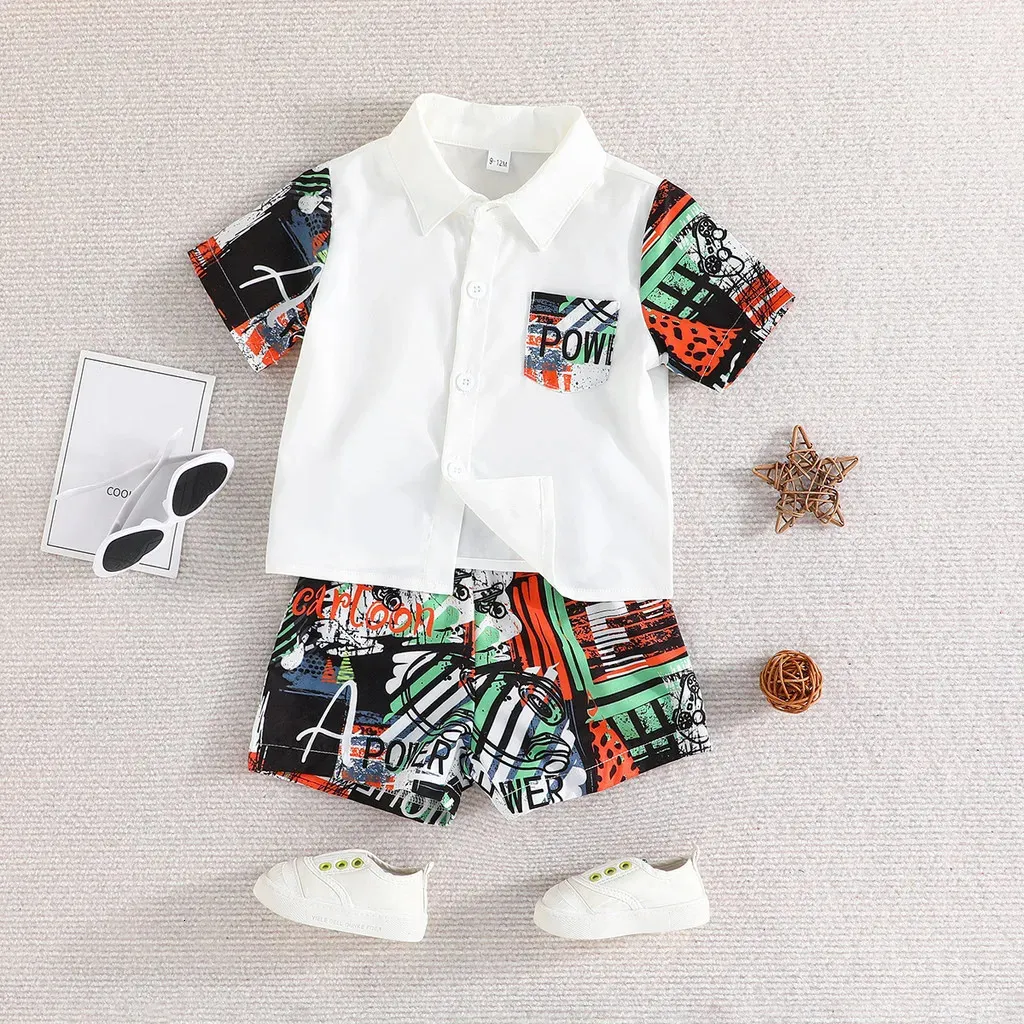 Clothing Set For Kids Boy 636 Months Cartoon Comic Doodle Pocket Short Sleeve Blouse and Shorts Summer Outfit born Baby 240410