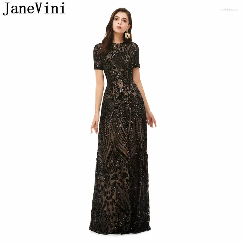 Vestidos de festa Janevini Sparkly preto lantejous longos Prom 2024 MANAGEM CURTO DIPLAÇÃO DO PISO DO PISHON