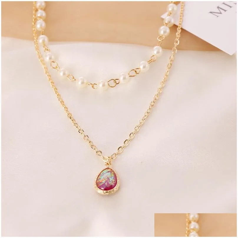 Pendant Necklaces Elegant Imitation Pearl Water Drop Semi-Precious Stone Necklace Women Vintage Geometric Clavicle Jewelry Gift Delive Dhcgo