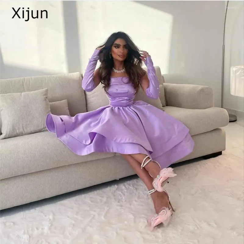 Robes de fête Xijun Robes de bal violet Satin Ctystal A-Line Evenage Longueur Saudi Arabe Dubaï Robe Elegant for Women 2024
