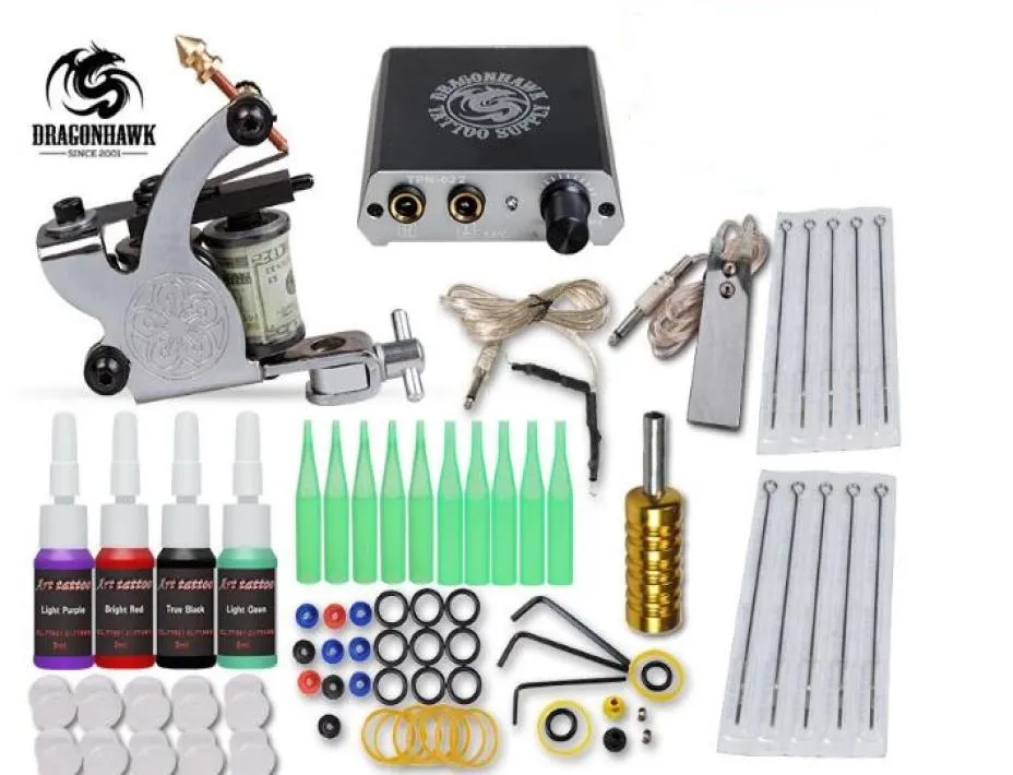 Komplett 1 tatuering Maskinpistol 4 Färgfärger Strömförsörjning Set Nybörjare Tattoo Kits8545134