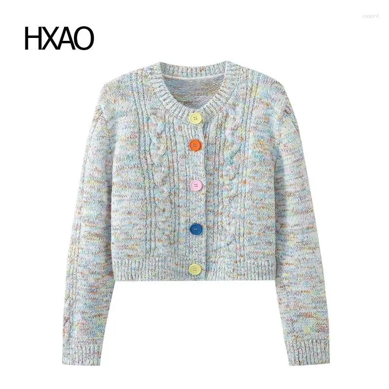 Women's Knits HXAO Autumn Sweater Colorful Cropped Sweaters Fashion O-Neck Long Sleeve Cardigans Knitted Cashmere Cardigan For Women