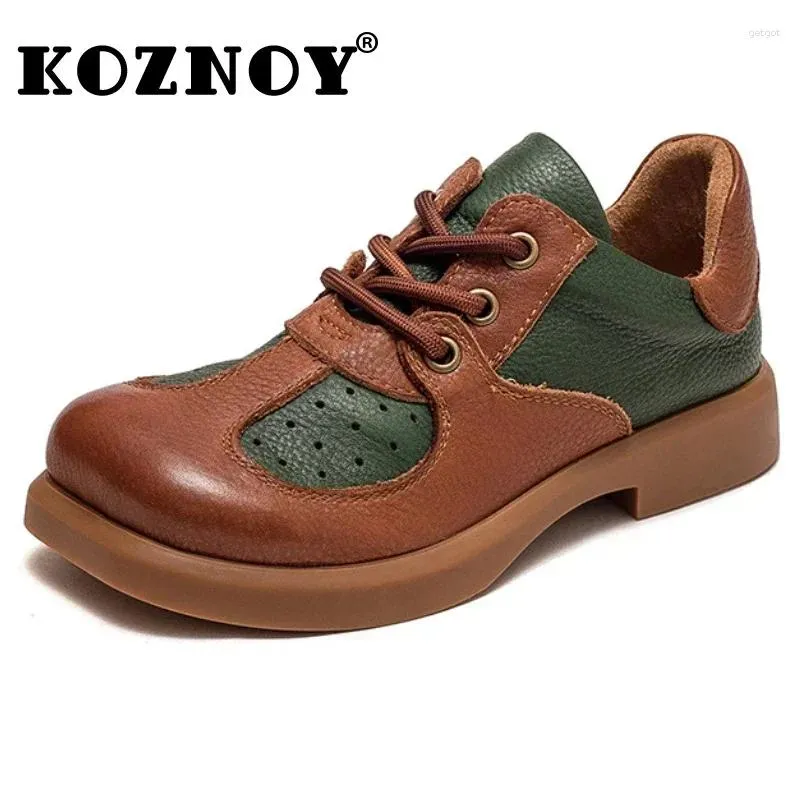 Casual Shoes Koznoy Women Skate 2CM Genuine Leather Autumn Lace Up Summer Breathable Ethnic Board Soft Flats Ladies Loafers Mixed Color