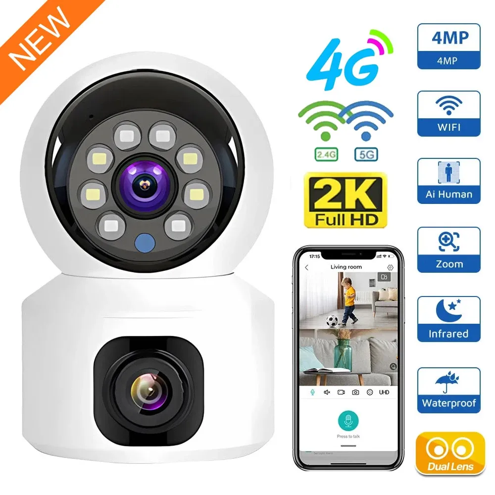 Sistem SIM KARTI 4G Kamera Kapalı Çift Lens Mini IP Kamera 2K 4MP WiFi Kablosuz Güvenlik Gece Görüşü Camara Video Gözetim V380 Pro