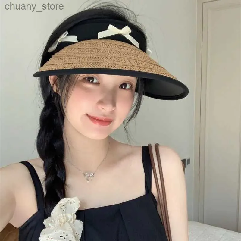 Visir Sweet Bow Knot Straw Hat Vuxna Kvinna UV Sunscreen Beach Hats Y2K Fashions Summer Lady Folding Tomt Tak Kapslar Kvinnor Y240417