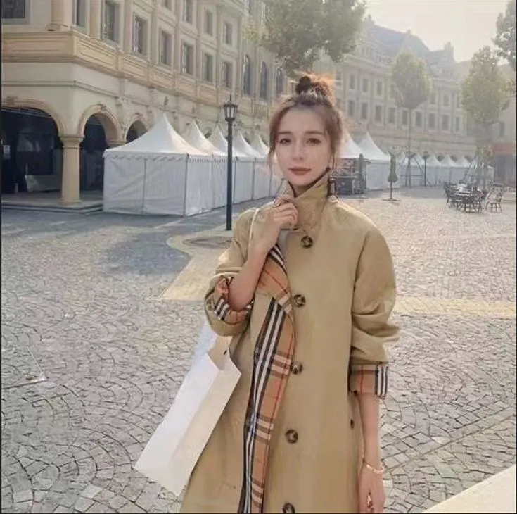 Luxury Designer Trench Coat European and American Luxury Plaid Style Fashion Stitching Fake Two Loose Women's Mid-Length Trench Coats