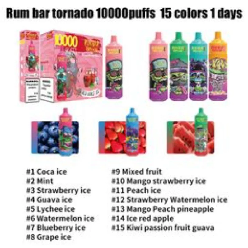 Sigarette Tek Kullanımlık Vape Orijinal Rum Bar 10000 Puffs 650mAh 20ml Vapes Tek Kullanımlık Puf Lectroniques Jacabutes Randm Tornado Razz Bar Yetkili 15 Tadı