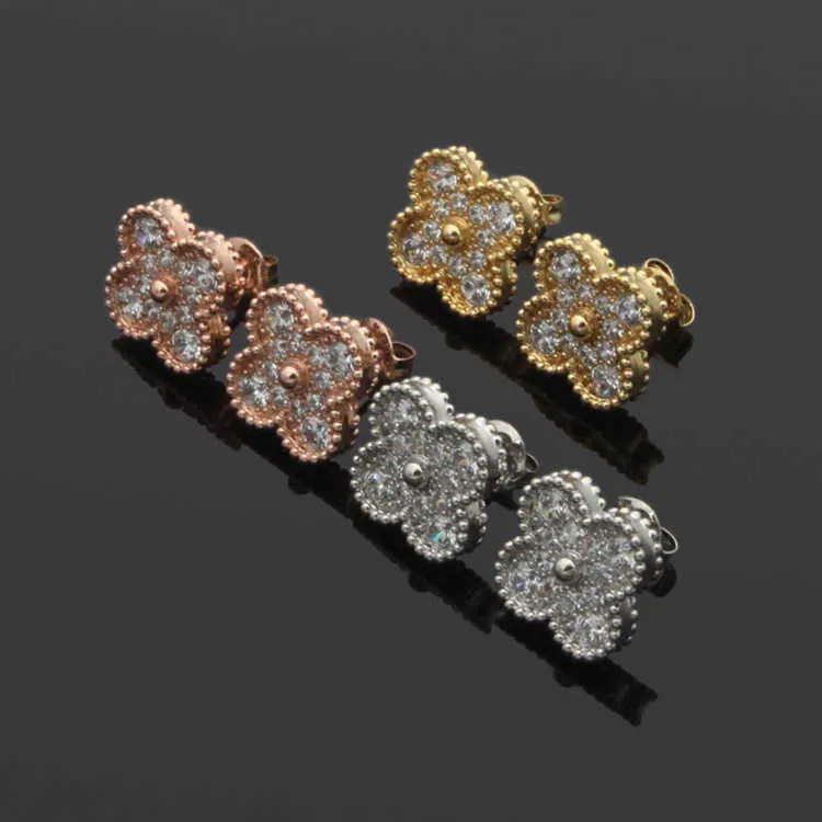 Original Brand High Edition Van Classic Clover S925 Sterling Silver Full Diamond Mini Earrings Womens Fashion Light Luxury End Ear Accessories