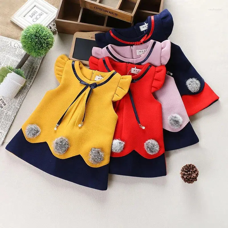 Girl Dresses Children Baby Girls Dress Sleeveless Pompom Decorate Vest Bow Spring And Autumn Woolen Materia Waistcoat