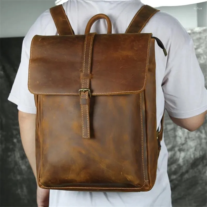 Backpack Nesitu Thick Brown Genuine Crazy Horse Leather 14'' Laptop Men Travel Bag Highend Large Capacity Vintage M015