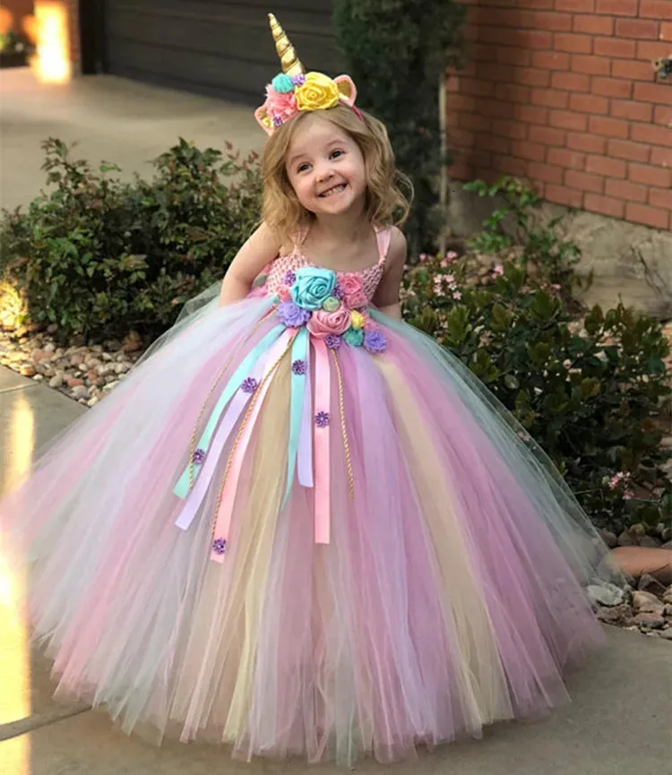 Girls Pastel Unicorn Flower Tutu Dress Kids Crochet Tulle Strap Ball Gown with Daisy Ribbons Children Party Costume 240416