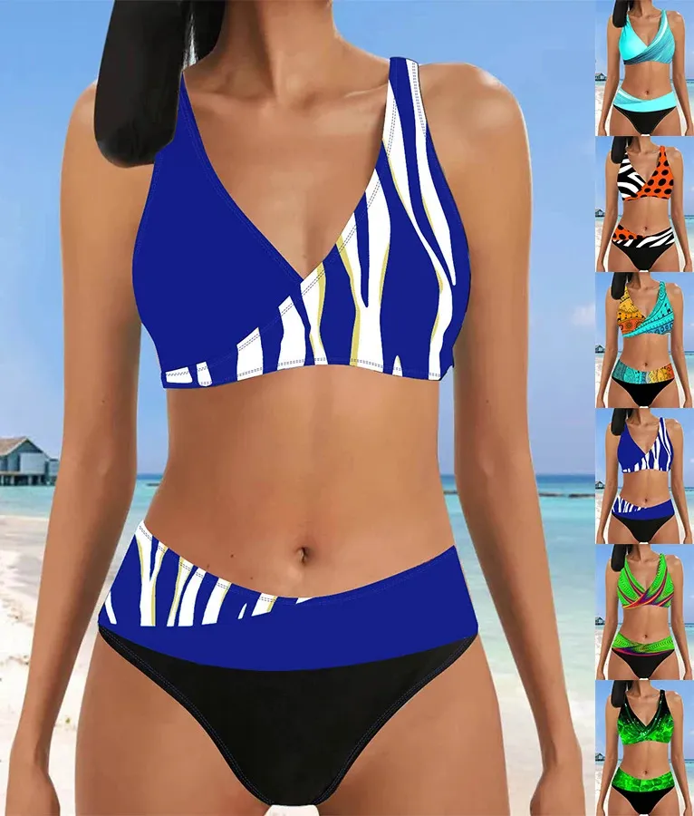 Summer Womens Twopiece White Graffiti Striped Swimsuit Sexy Holiday Beach Bikini Set S5XL 240416