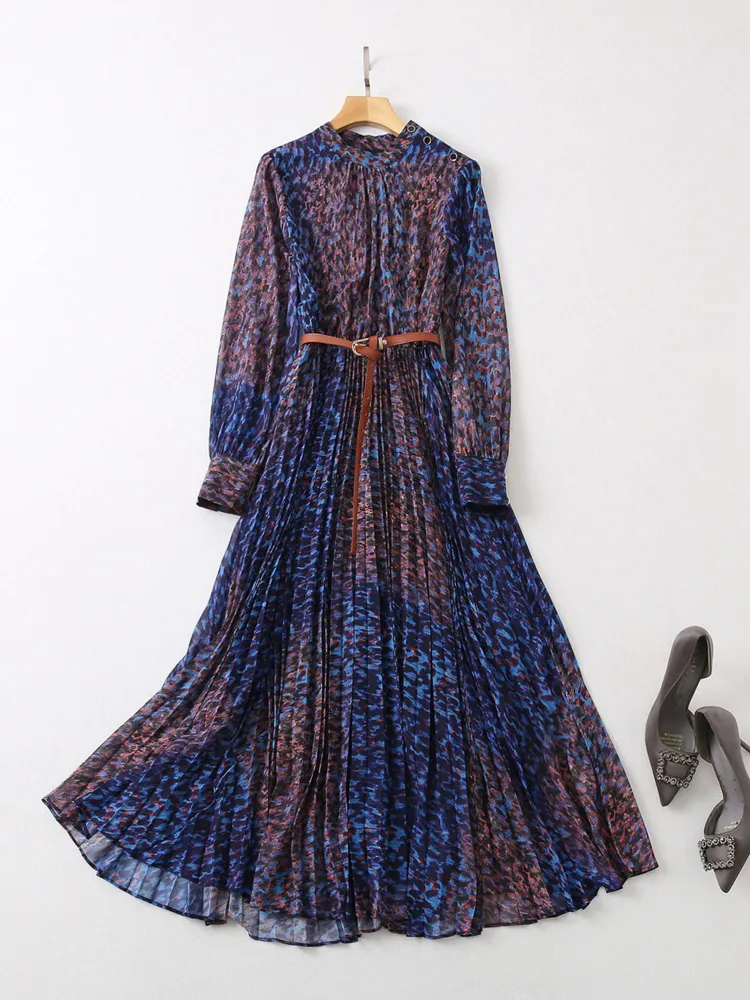 Piste de léopard imprime longue robe plissée femme 2024 printemps élégant créateur long manche vintage robe de vacances bohème mode décontracté vestide