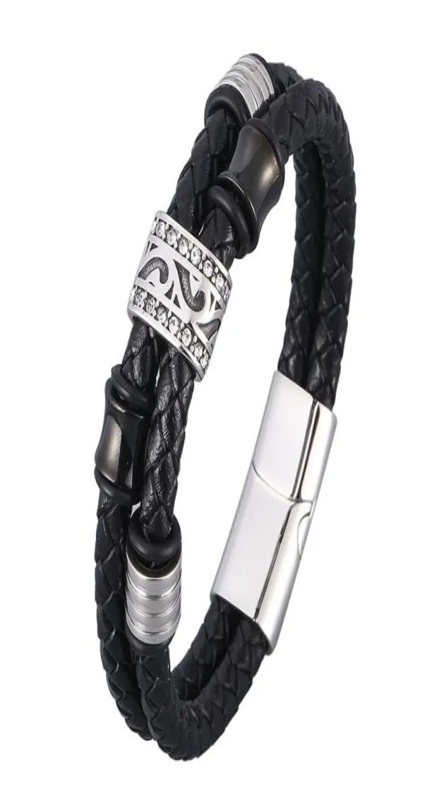 Charmarmband punk svart dubbel äkta läder flätade armband för män rostfritt stål vintage manlig handledsband hand smycken sp05469759