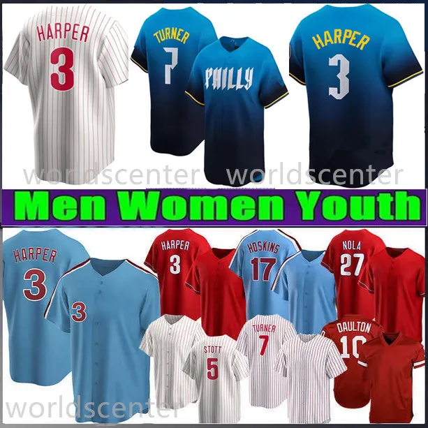 Philly City Connect Jersey 3 Harper Mens Women Youth 7 Trea Turner Bryce 10 J.T. Realmuto Bryson Stott Kyle Schwarber Kids Blue White Red Stitched 야구 유니폼