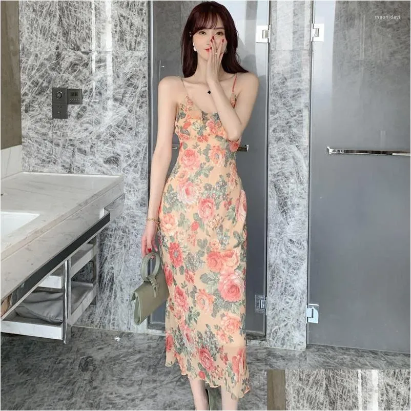 Basic Casual Dresses Summer Girly Temperamental Floral Salty Sweet Slimming Elegant Oil Painting Strap Dress Drop Delivery Apparel Wom Otcib