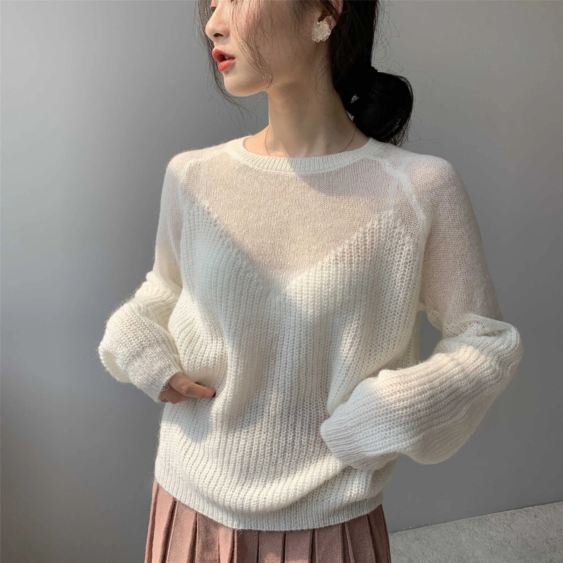 Jiazhi Loose and Elegant Simple Top Womens Autumn Womens 2023 Trendy Thin Hollow Knitted Shirt B7006