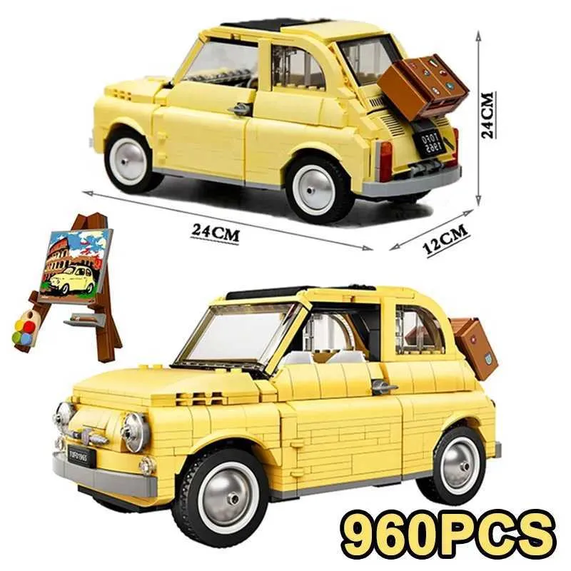 Diecast Model Cars 960pcs Technologie Fiat 500 Blocage 10271 Créateur de modèle de voiture jaune classique Assemble des jouets de voiture J240417