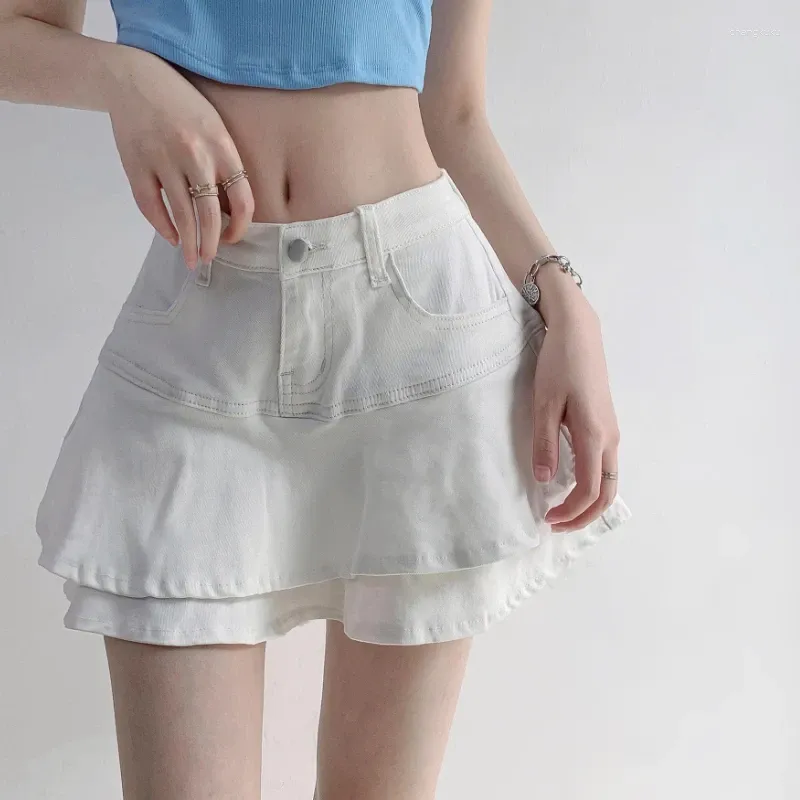 Jupes Deeptown White Denim jupe short femme 2024 Été coréen mode haute taille a-line mignon mignon sexy mini jean volant gyaru