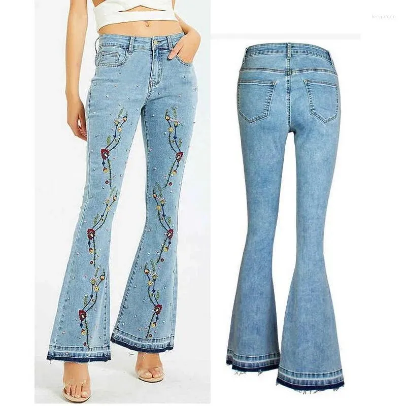Kvinnors jeans blomma broderade flare denim byxor kvinnor sexig elastisk mager