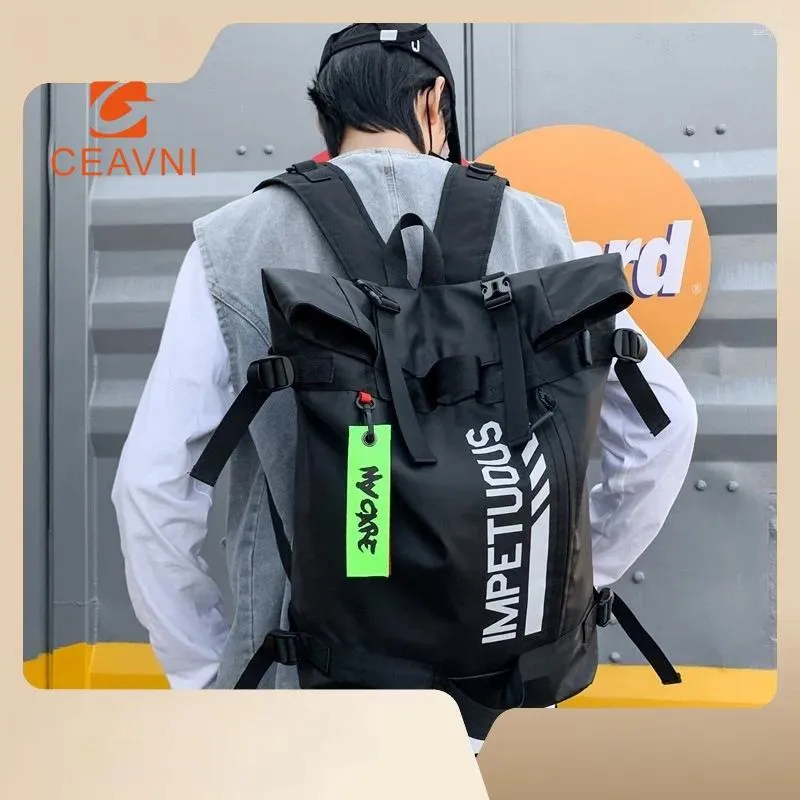 Backpack CEAVNI Street Trend Men Korean College Students Schoolbag Sports Leisure Personality Roll Mouth Waterproof