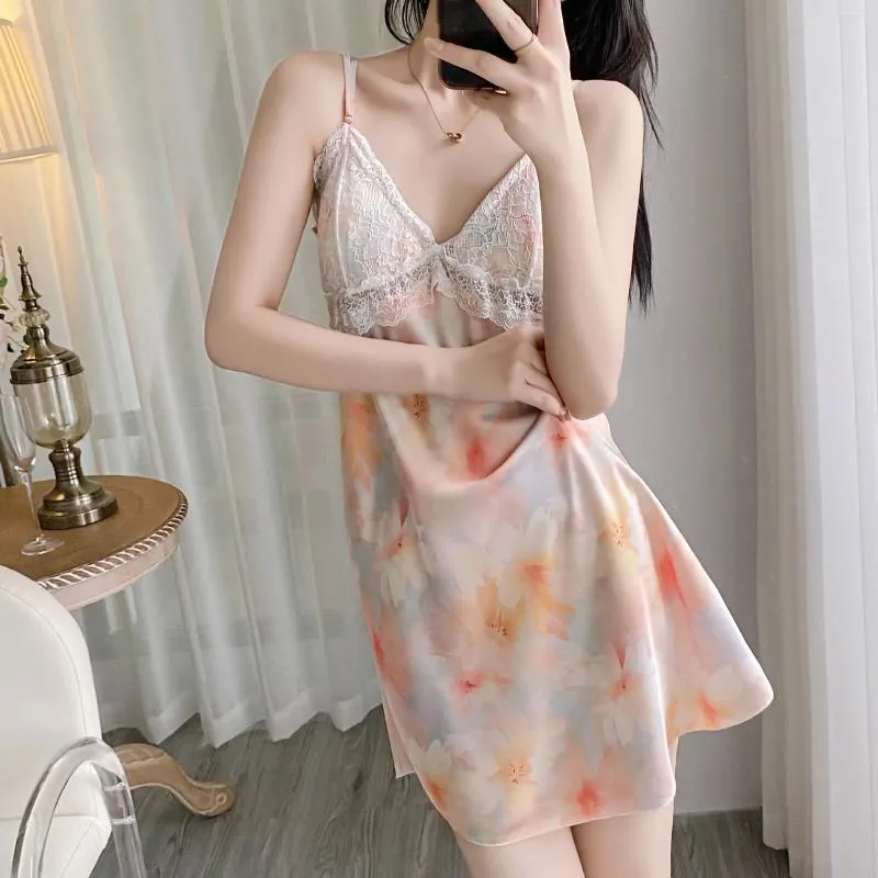 Women's Sleemberwear Print Satin Nightgown Summer Women Women Sexy Suspender Night Dress Home Dress Lounge Wear