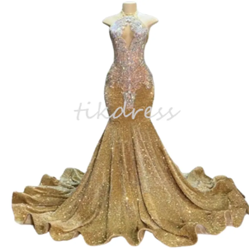 Glitter Gold Prom Dresses For Black Girls Luxury Mermaid Sequin Evening Dress 2024 Plus Size Aso Ebi Formal Occasion Dress Diamond Baddies Birthday Party Wear