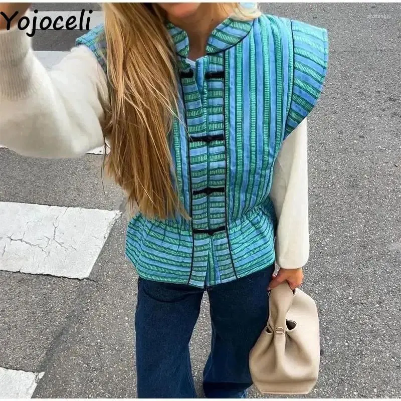 Frauenwesten yojoceli ärmellose Frauen gestreiftes chinesisches Stil Jacke Weste Frühling Casual Fashion Stand Halsblau Blau 2024 Außenbekleidung weiblich