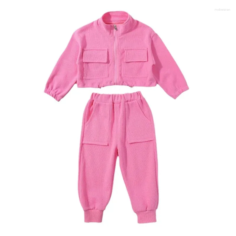 Kläder sätter barn 2024 Baby Boys Casual Spring Autumn Fashion Girl Cotton Pink Long Sleeved Jacket Pants 2st Set Outfits