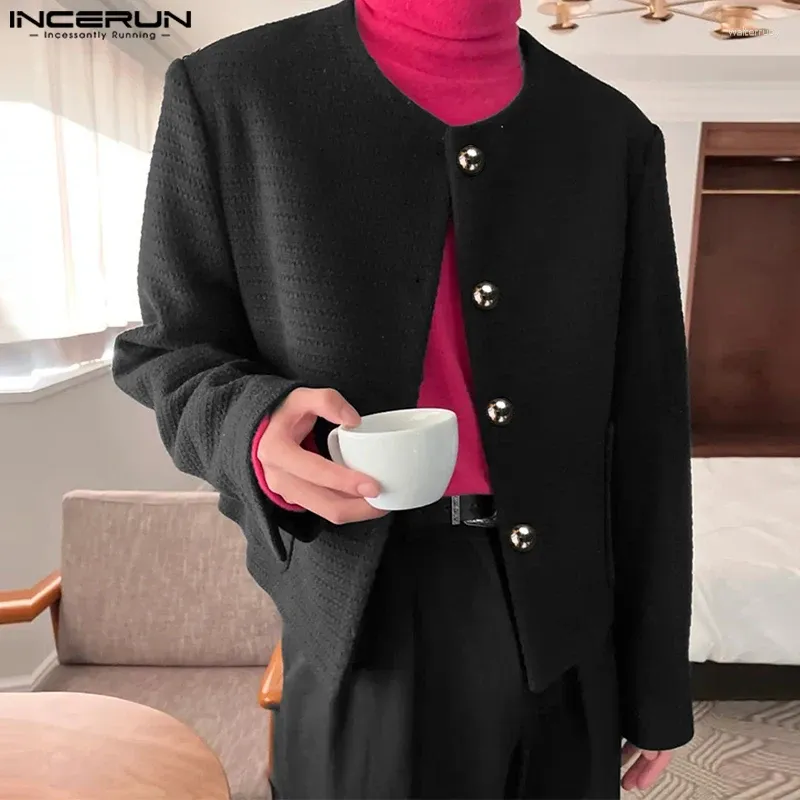 Men's Suits INCERUN Men Blazer Solid Elegant O-neck Long Sleeve Casual Streetwear 2024 Button Pockets Fashion Unisex Coats S-5XL