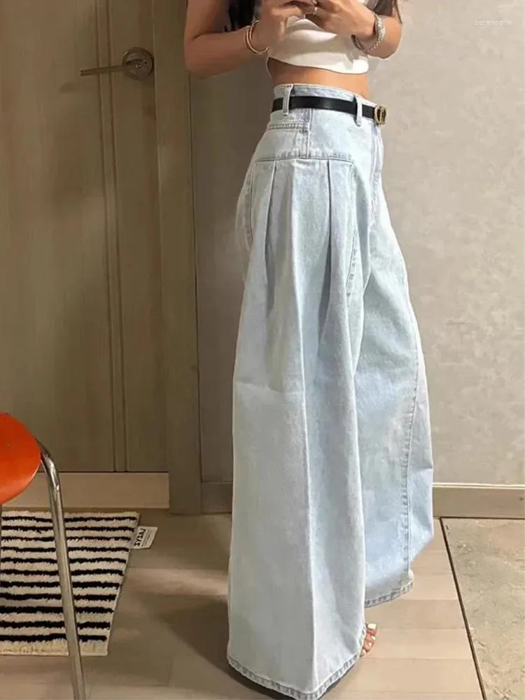 Jeans para mujeres Spring Fashion Fashion Lave ancho de piernas anchas Corea Plegable Vintage Pantalones sueltos Diseño femenino Cintura alta pantalón recto