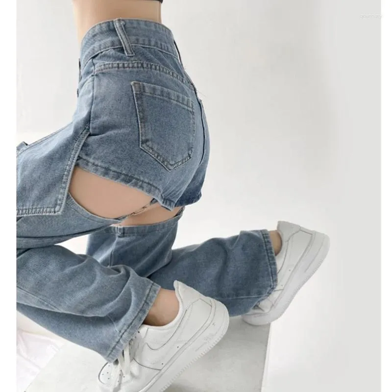 Jeans femminile staccabile sexy sexy gamba largo pantaloni altissima petto di pantaloni dritti strade in denim ladies ladies autunno autunno