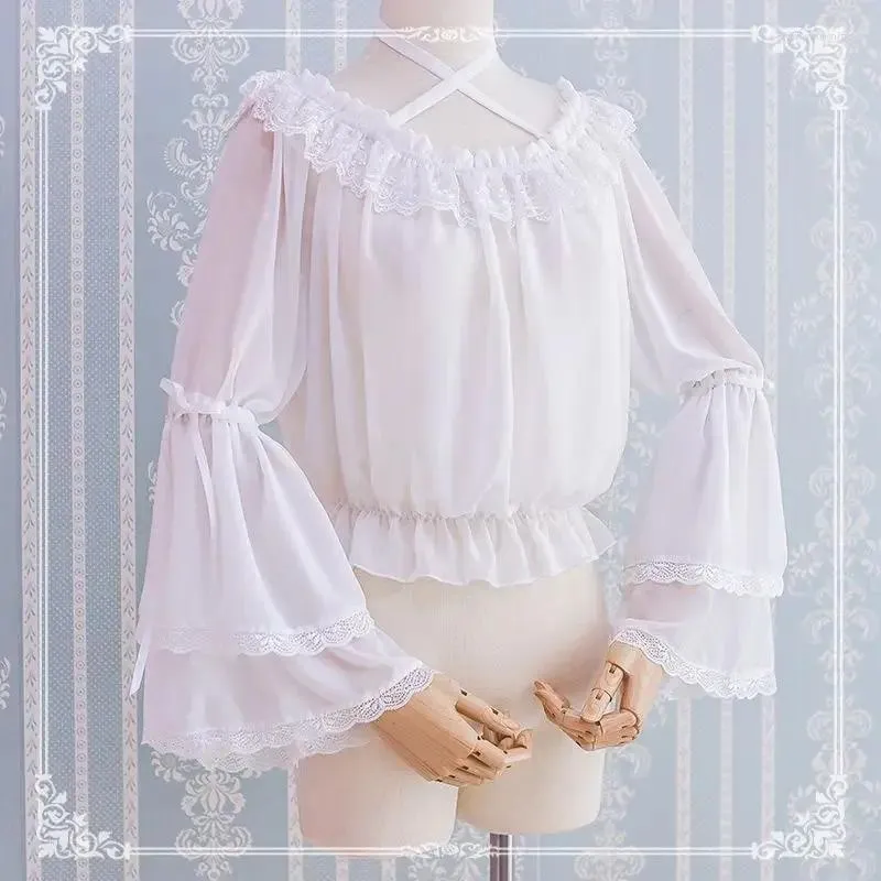 Blouses pour femmes Femmes Lolita Blouse Crop Top Top Flare Lace Long Manches Halter Cashirt Plissé à froufr