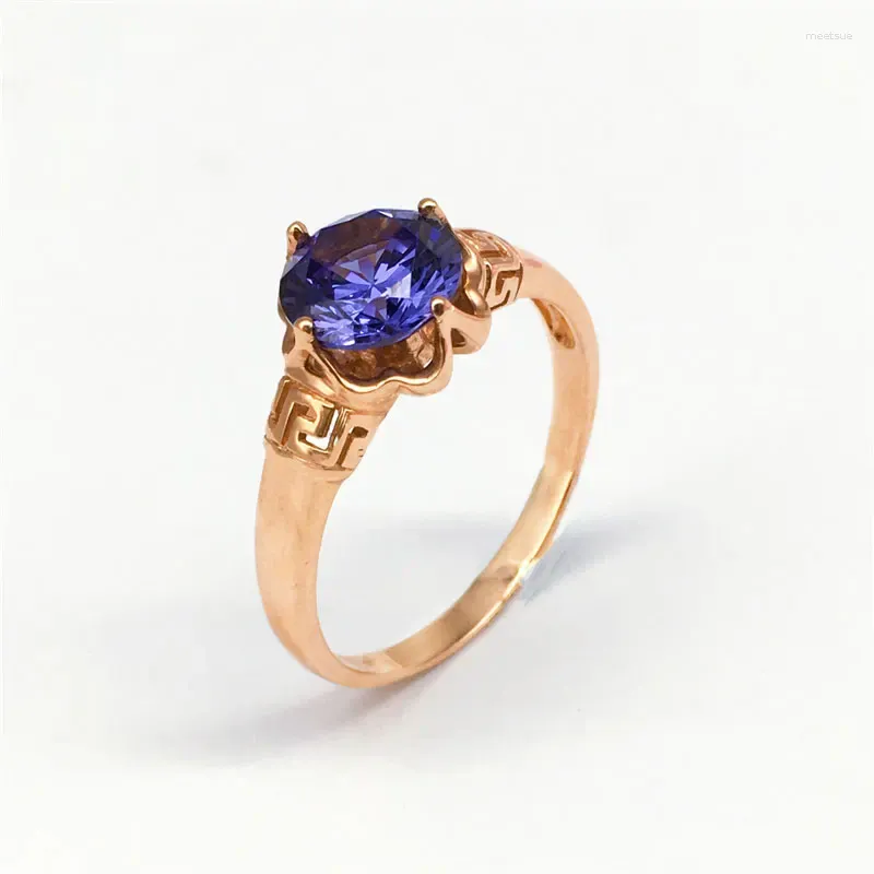 Cluster Anneaux Vintage Court Style 585 Purple Gold Exquis Blue Gemstone Blue pour femmes Cadeau de bijoux de luxe Light Rose 14K