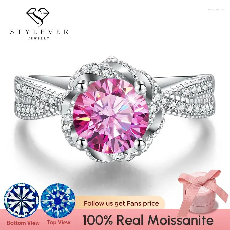 Klaster Pierścienie Stylever luksus moissanite diamenty fontanne kwiat róży dla kobiet 925 Srebrny Solitaire Zaręczyny