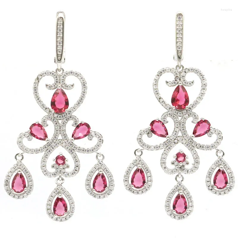 Dangle Earrings 56x24mm Elegant Long Big Green Peridot Pink Raspberry Rhodolite Garnet CZ Ladies Dating Silver