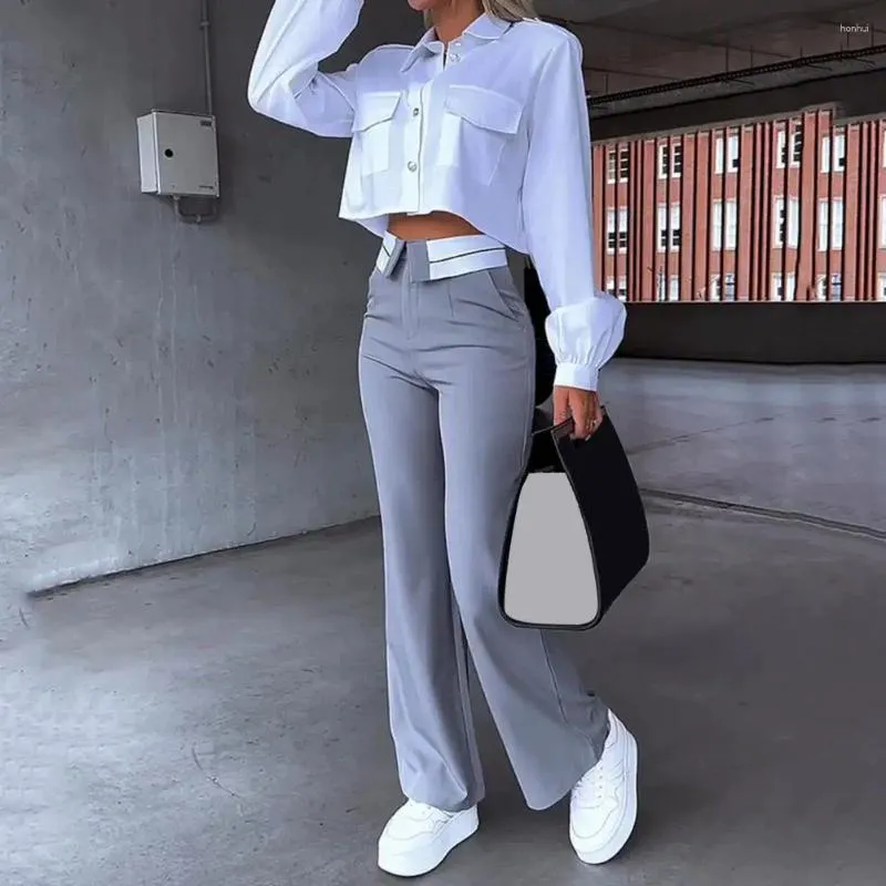 Pantaloni da donna a due pezzi da donna abito a due pezzi Elegante set top con tasche a vita alta a petto singolo a petto elegante colore solido per donne