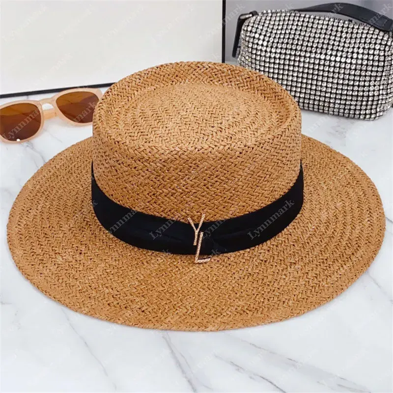 Chapéu de palha de fivela dourada para feminino Designer Chapéus de balde de praia Summer Grass tranças